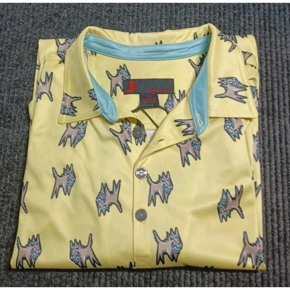 Jamie Sadock Polo Shirt Mens 2XL Yellow‎ Dog Print Golf Activewear NEW M21124